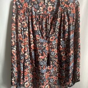 Joie Barba Floral Blouse in gray, Coral, Blue and Cream silk